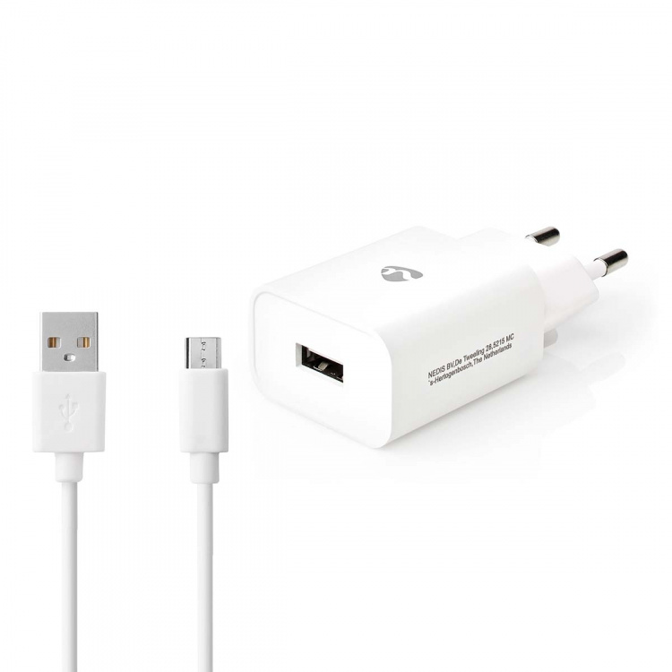 Nedis Seinälaturi | 12 W | Pikalataus-toiminto | 2.4 A | Lähtöliitäntöjen määrä: 1 | USB-A | Micro USB (irrallinen) Kaapeli | 1.00 m | Single Voltage Output | Valkoinen
