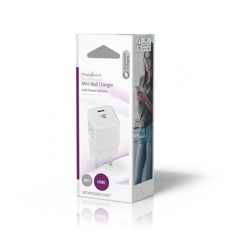Nedis Seinälaturi | 20 W | PD3.0 20W | Pikalataus-toiminto | 1.67 A / 2.22 A / 3.0 A | Lähtöliitäntöjen määrä: 1 | USB-C™ | Automaattinen Jännitteen Valinta | Valkoinen