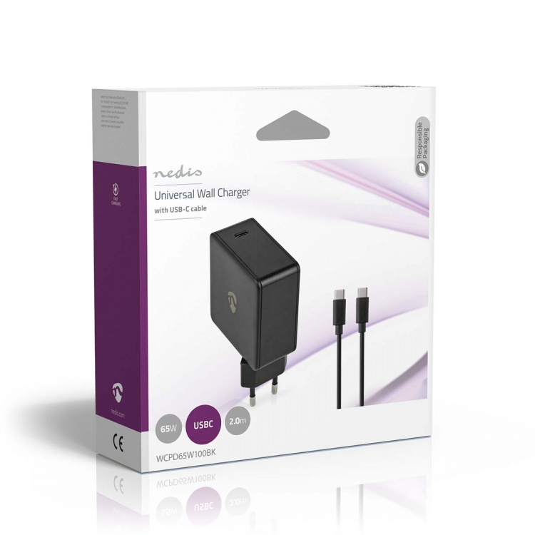 Nedis Seinälaturi | 65 W | PD3.0 27W / PD3.0 36W / PD3.0 45W / PD3.0 65W | Pikalataus-toiminto | 3.0 / 3.25 A A | Lähtöliitäntöjen määrä: 1 | USB-C™ | Type-C™ | 2.00 m | Automaattinen Jännitteen Valinta | Musta