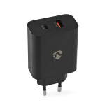Nedis Seinälaturi | 65 W | Pikalataus-toiminto | 2.0 / 2.25 A / 3.25 A A | Lähtöliitäntöjen määrä: 2 | USB-A / USB-C™ | Automaattinen Jännitteen Valinta | Musta