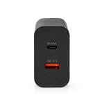 Nedis Seinälaturi | 65 W | Pikalataus-toiminto | 2.0 / 2.25 A / 3.25 A A | Lähtöliitäntöjen määrä: 2 | USB-A / USB-C™ | Automaattinen Jännitteen Valinta | Musta