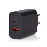Nedis Seinälaturi | 65 W | Pikalataus-toiminto | 2.0 / 2.25 A / 3.25 A A | Lähtöliitäntöjen määrä: 2 | USB-A / USB-C™ | Automaattinen Jännitteen Valinta | Musta