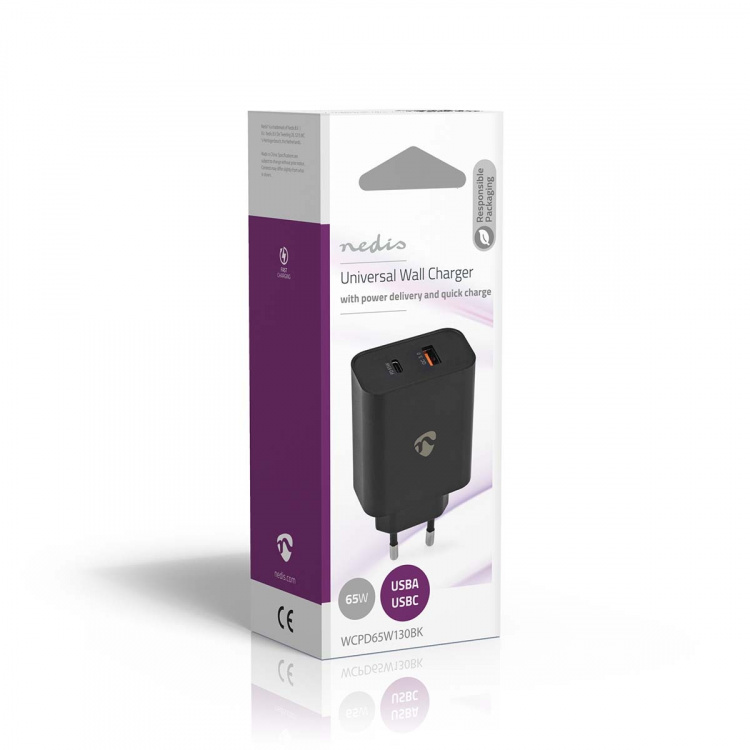Nedis Seinälaturi | 65 W | Pikalataus-toiminto | 2.0 / 2.25 A / 3.25 A A | Lähtöliitäntöjen määrä: 2 | USB-A / USB-C™ | Automaattinen Jännitteen Valinta | Musta
