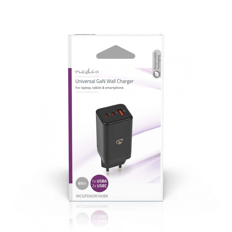 Nedis Seinälaturi | 65 W | GaN | PD3.0 18W / PD3.0 20W / PD3.0 27W / PD3.0 36W / PD3.0 45W / PD3.0 60W / PD3.0 65W / QC3.0 | Pikalataus-toiminto | 3.0 / 3.25 A A | Lähtöliitäntöjen määrä: 3 | USB-A / 2x USB-C™ | Automaattinen Jännitteen Valinta | Musta Nedis Seinälaturi | 65 W | GaN | PD3.0 18W / PD3.0 20W / PD3.0 27W / PD3.0 36W / PD3.0 45W / PD3.0 60W / PD3.0 65W / QC3.0 | Pikalataus-toiminto | 3.0 / 3.25 A A | Lähtöliitäntöjen määrä: 3 | USB-A / 2x USB-C™ | Automaattinen Jännitteen Valinta | Musta