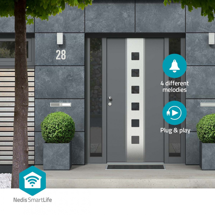 Nedis SmartLife Soittokello | RF, frequency 433 Mhz | Tarvikkeet tuotteelle: WIFICDP10GY / WIFICDP30WT / WIFICDP40CWT | Paristokäyttöinen / USB Virta | 4 ääntä | 4.5 V DC / 5 V DC | Säädettävä äänenvoimakkuus | Valkoinen