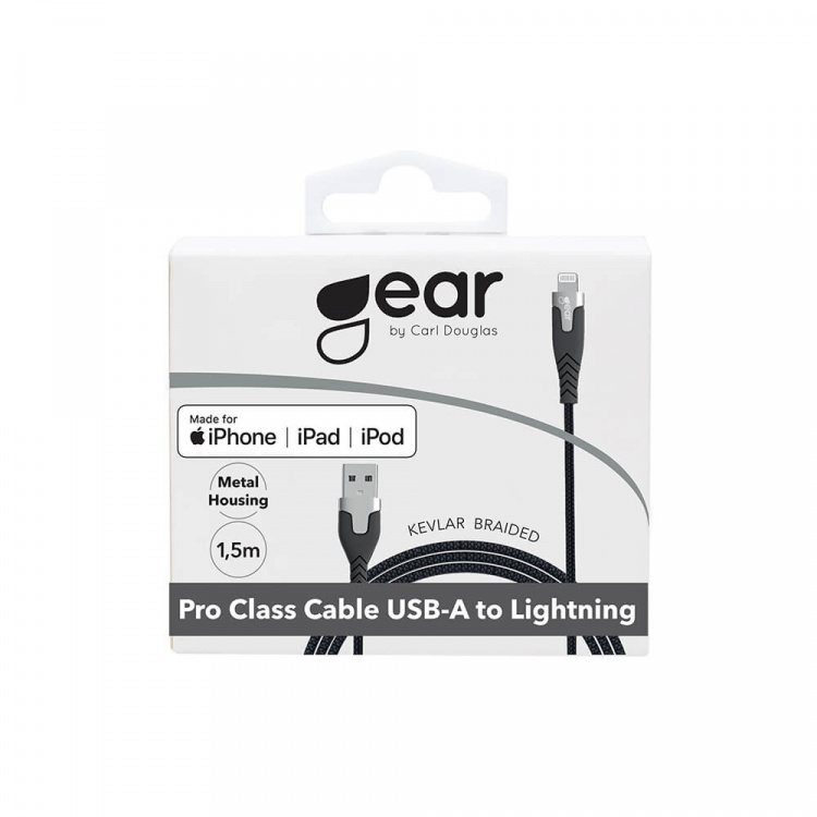 Gear LatausjohtoPRO USB-A Lightning C89 1.5m Musta Kevlar johto Metalliliitin