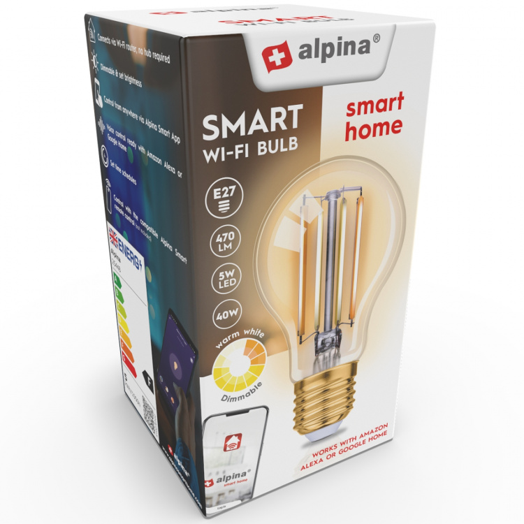Alpina WiFi Smart E27 LED-hehkulanka Lämmin valkoinen 5.5W 470 lm Alpina WiFi Smart E27 LED-hehkulanka Lämmin valkoinen 5.5W 470 lm