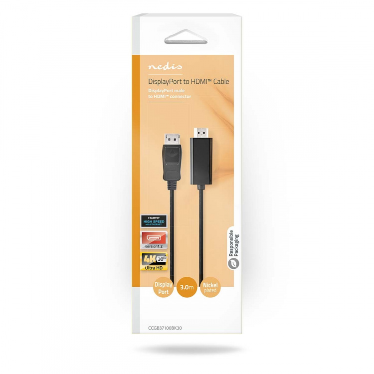 Nedis DisplayPort kaapeli | DisplayPort uros | HDMI™ liitin | 4K@30Hz | Niklattu | 3.00 m | Pyöreä | PVC | Musta | Laatikko Nedis DisplayPort kaapeli | DisplayPort uros | HDMI™ liitin | 4K@30Hz | Niklattu | 3.00 m | Pyöreä | PVC | Musta | Laatikko