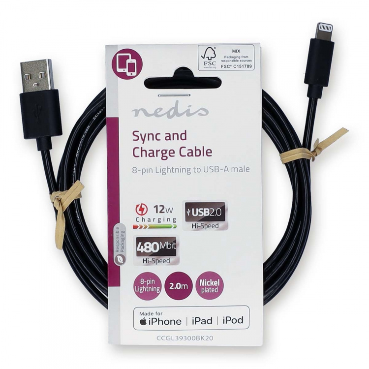 Nedis Lightning Kaapeli | USB 2.0 | Apple Lightning 8-Pin | USB-A Uros | 480 Mbps | Niklattu | 2.00 m | Pyöreä | PVC | Musta | Label