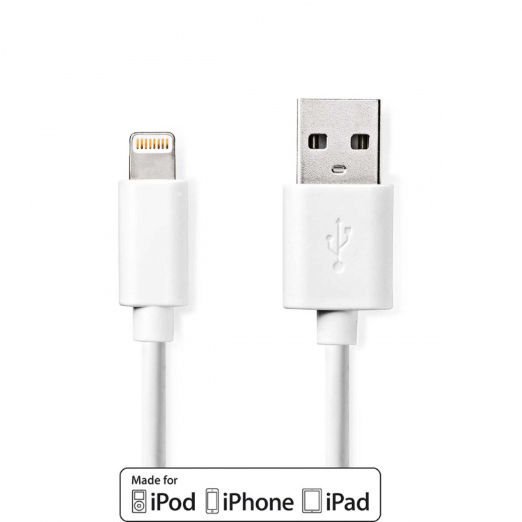 Nedis Lightning Kaapeli | USB 2.0 | Apple Lightning 8-Pin | USB-A Uros | 480 Mbps | Niklattu | 1.00 m | Pyöreä | PVC | Valkoinen | Label