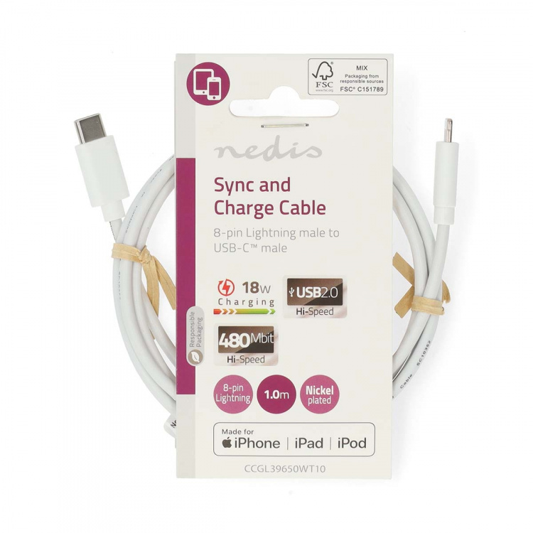 Nedis Lightning Kaapeli | USB 2.0 | Apple Lightning 8-Pin | USB-C™ Uros | 480 Mbps | Niklattu | 1.00 m | Pyöreä | PVC | Valkoinen | Label