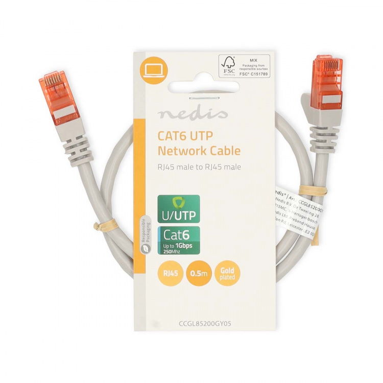 Nedis CAT6 Verkkokaapeli | RJ45 uros | RJ45 uros | U/UTP | 0.50 m | Pyöreä | PVC | Harmaa | Label Nedis CAT6 Verkkokaapeli | RJ45 uros | RJ45 uros | U/UTP | 0.50 m | Pyöreä | PVC | Harmaa | Label