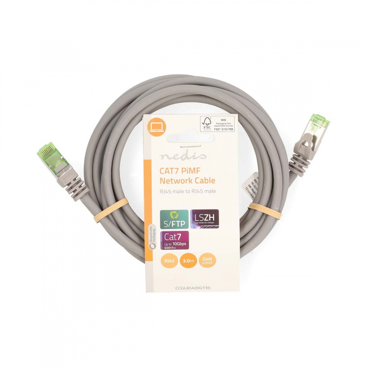 Nedis CAT7 verkkokaapeli | S/FTP | RJ45 uros | RJ45 uros | 3.00 m | Snagless | Pyöreä | LSZH | Harmaa | Label