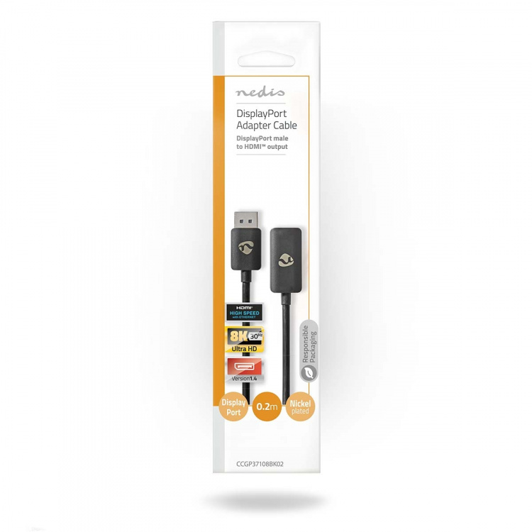 Nedis DisplayPort-sovitin | DisplayPort uros | HDMI™ Ulostulo | 8K@30Hz | Niklattu | Suora | 0.20 m | Pyöreä | TPE | PVC | Musta | Kirjekuori