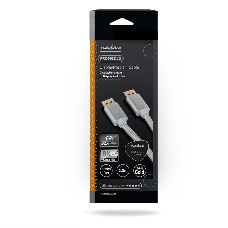 Nedis DisplayPort kaapeli | DisplayPort uros | DisplayPort uros | 8K@60Hz | Kullattu | 2.00 m | Pyöreä | Punottu | Hopea | Laatikko kannella ja ikkunalla