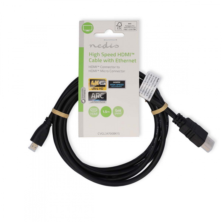 Nedis High Speed ​​HDMI ™ Kaapeli Ethernet | HDMI™ liitin | HDMI™ Micro | 4K@30Hz | 10.2 Gbps | 1.50 m | Pyöreä | PVC | Musta | Label
