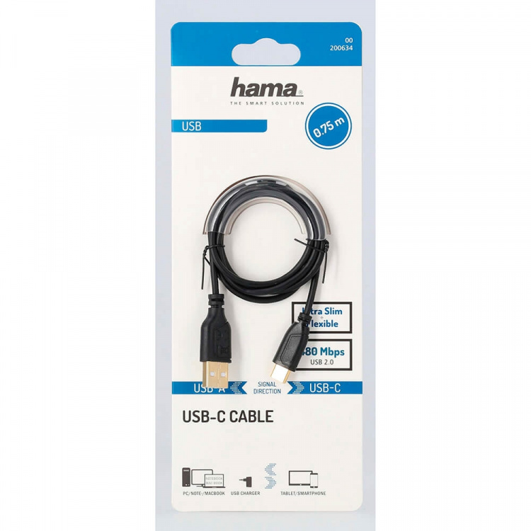 Hama Cable USB-C Flexi-Slim USB-A-USB-C Gold Black 0.75m