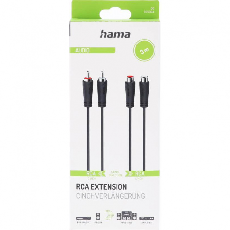 HAMA Cable Audio Extension 2 RCA Plugs - 2 RCA Sockets 3.0m