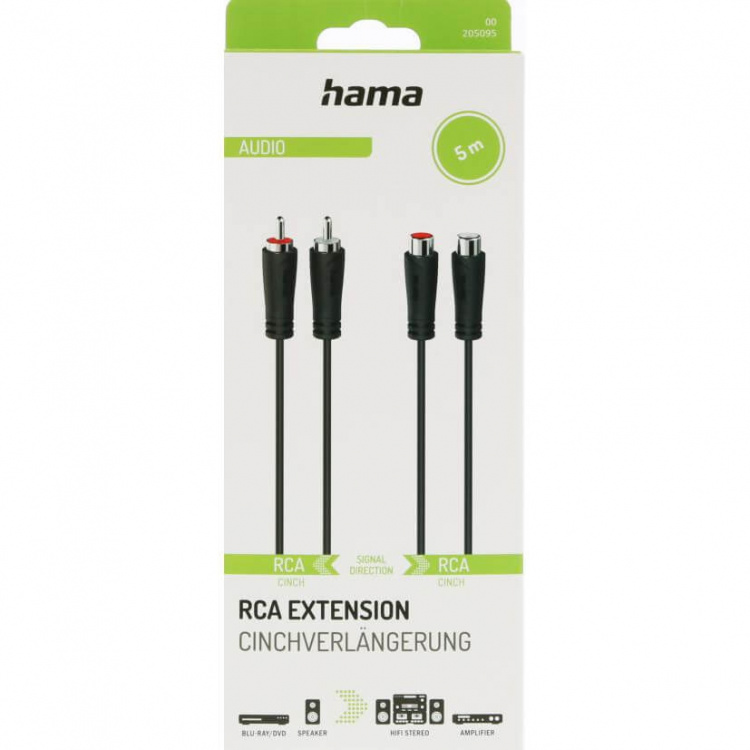 HAMA Cable Audio Extension 2 RCA Plugs - 2 RCA Sockets 5.0m