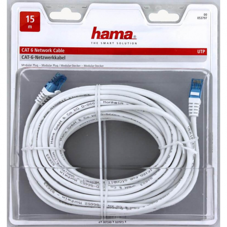 Hama Verkkojohto CAT6 UTP Blister 15m Valkoinen