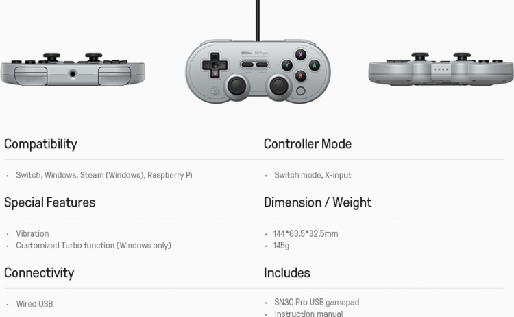 8BitDo SN30 Pro USB -peliohjain, harmaa, Switch / PC