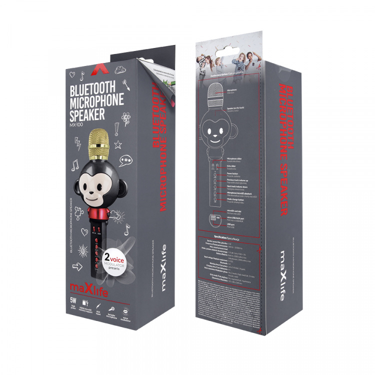 Maxlife Animal MX-100 - Bluetooth-karaokemikrofoni sisäänrakennetulla kaiuttimella, musta