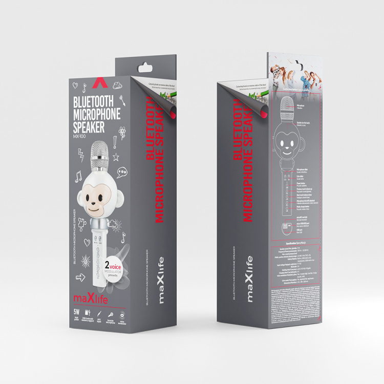 Maxlife Animal MX-100 - Bluetooth-karaokemikrofoni, jossa on sisäänrakennettu kaiutin, Valkoinen