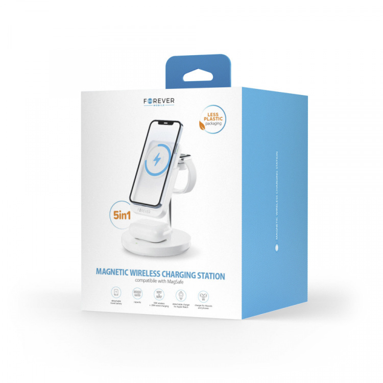Forever MACS-100 - 5in1 langaton latausasema ja kannettava Qi-virtapankki 5000mAh, Valkoinen