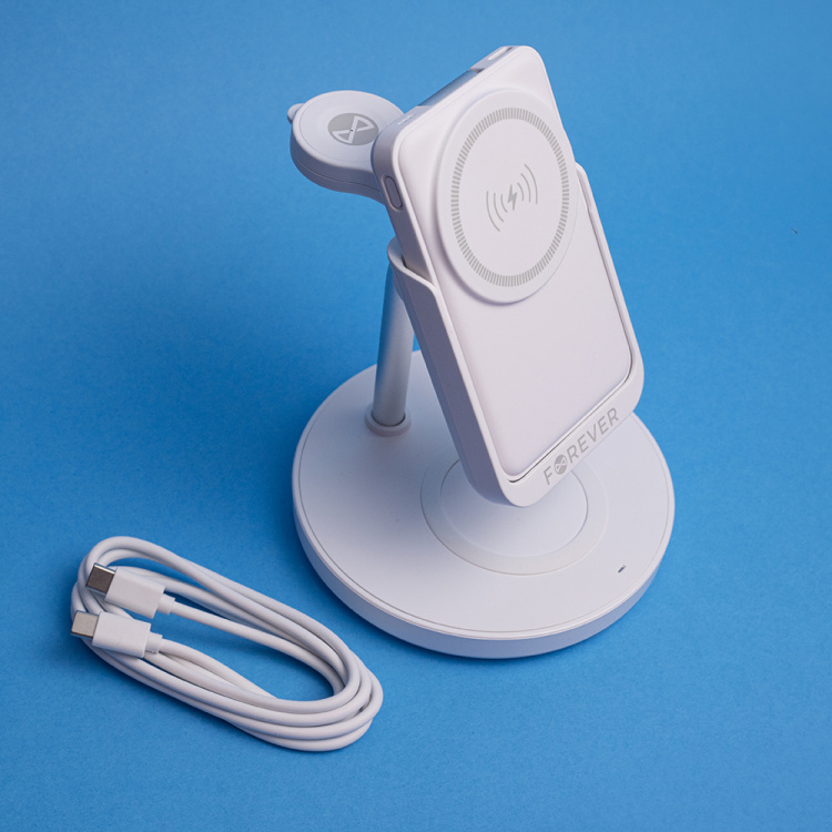 Forever MACS-100 - 5in1 langaton latausasema ja kannettava Qi-virtapankki 5000mAh, Valkoinen