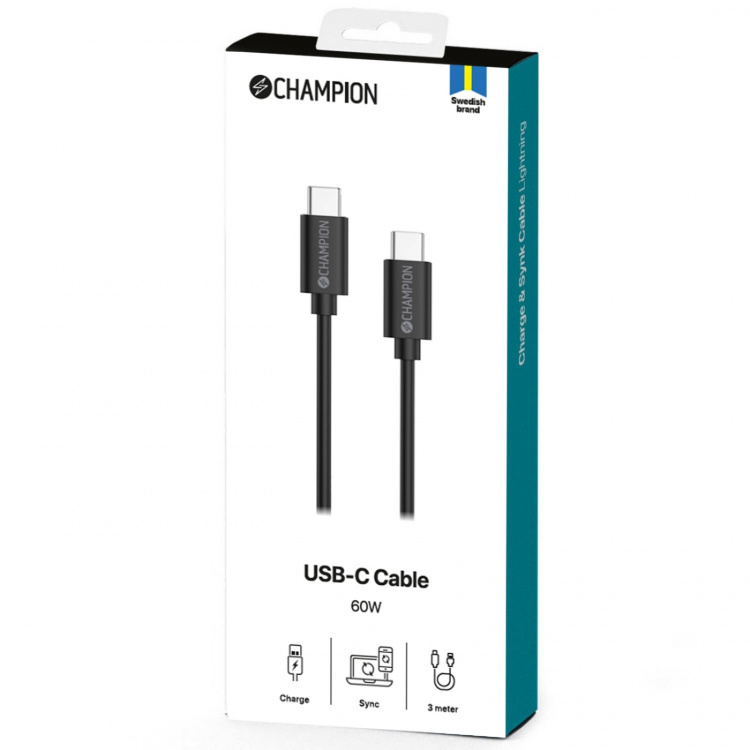 Champion USB-C Kabel 60W 3m Svart Champion USB-C Kabel 60W 3m Svart