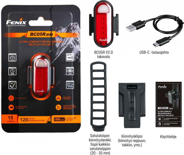 Fenix BC05R V2.0 -takavalo, 15 lm