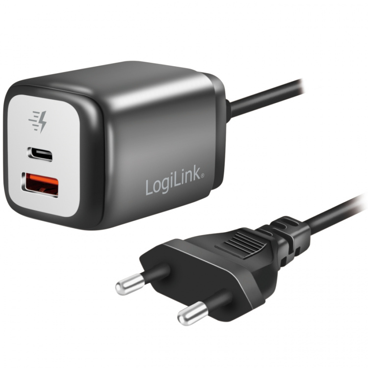LogiLink USB-laddare 1xUSB-A + 1xUSB-C med fast kabel 1,5m GaN 30W LogiLink USB-laddare 1xUSB-A + 1xUSB-C med fast kabel 1,5m GaN 30W