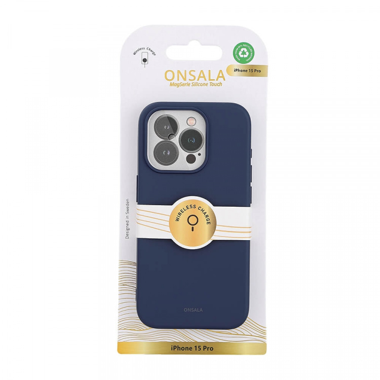 ONSALA Back Sil Touch Recycled MagSerie iPhone 15 Pro Dark Blue