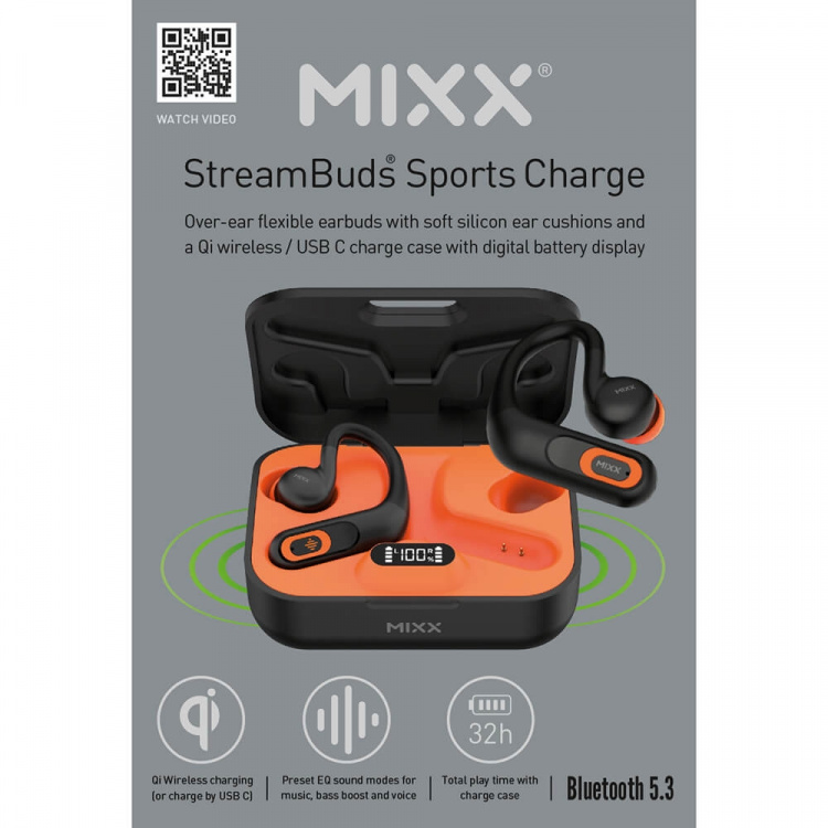 MIXX Headphone Sports Charge In-Ear Hook TWS Black/Orange