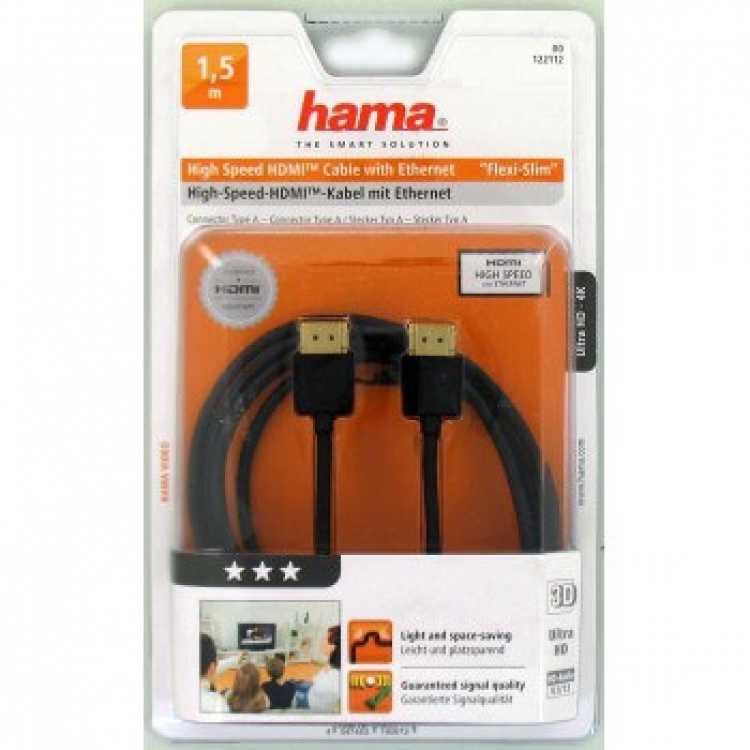 HAMA Johto HDMI Ethernet Flexislim 1.5m Musta