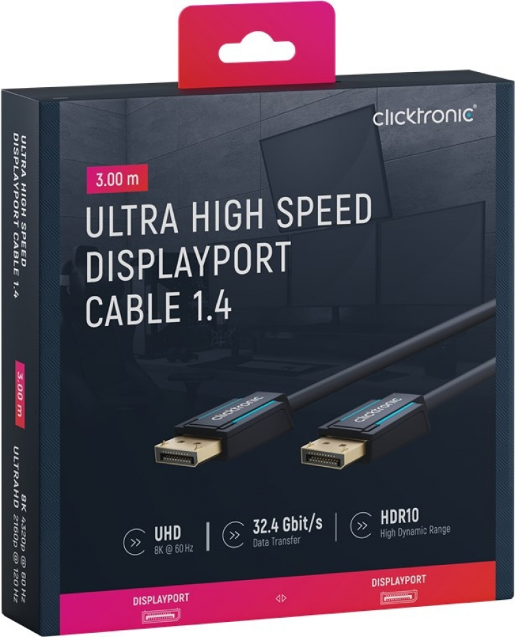 ClickTronic DisplayPort™-kabel Premiumkabel | 1x DisplayPort™-kontakt 1x DisplayPort™-kontakt | 3,0 m | UHD 8K @ 60 Hz ClickTronic DisplayPort™-kabel Premiumkabel | 1x DisplayPort™-kontakt 1x DisplayPort™-kontakt | 3,0 m | UHD 8K @ 60 Hz
