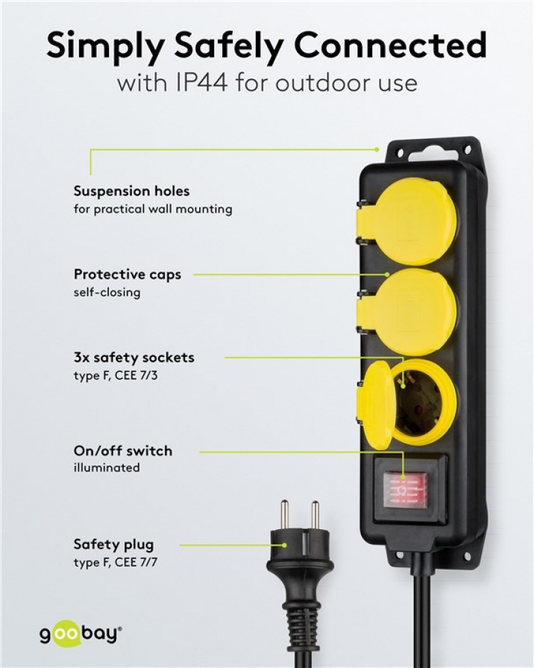 Goobay Grenuttag, 3 uttag, stänkskydd, 3 m 3 jordat grenuttag med skyddskåpor, lämpliga för utomhusbruk