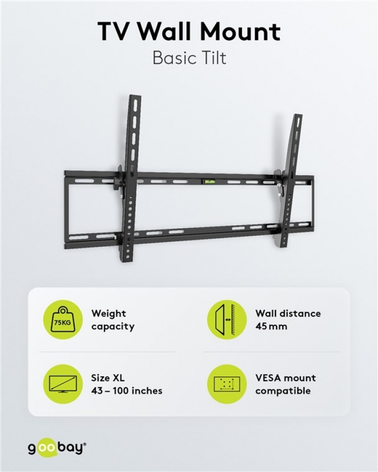 Goobay TV-seinäkiinnike Basic TILT (XL) 43-100 tuuman (109-254 cm) televisioille, kallistettavissa 75 kg:n painoon asti