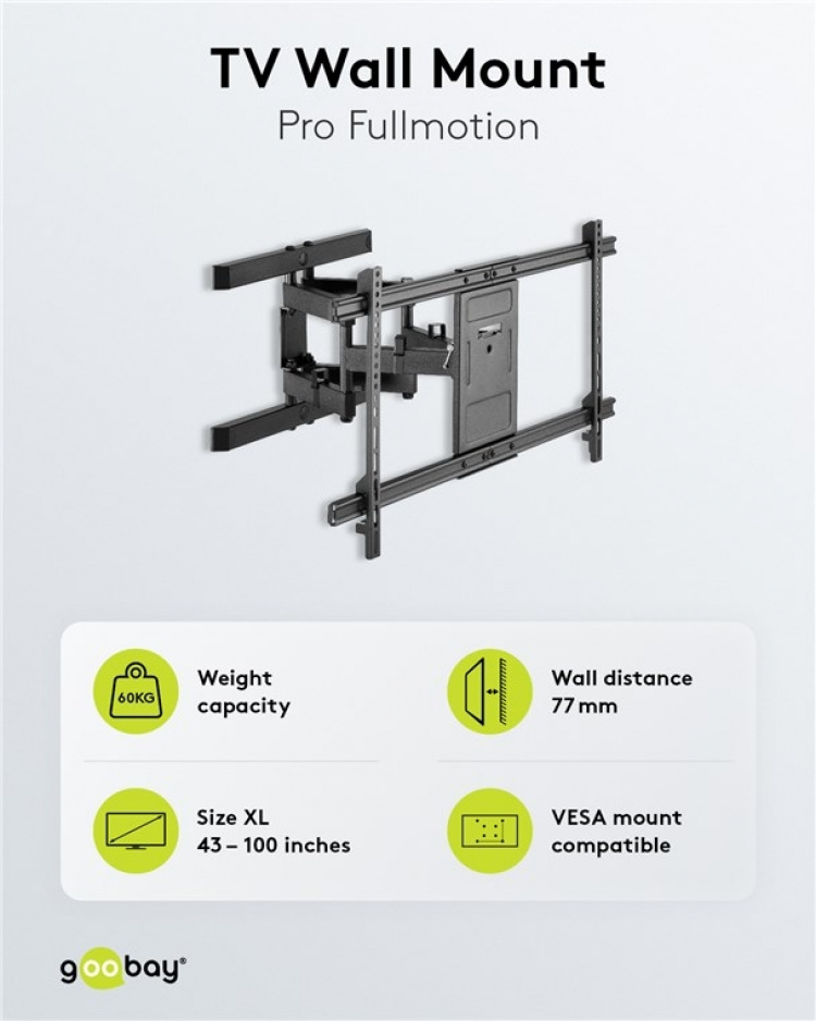 Goobay TV-väggfäste Pro FULLMOTION (XL) för TV-apparater från 43 till 100 tum (109-254 cm), helt mobilt (vridbart och lutat) upp till 60 kg Goobay TV-väggfäste Pro FULLMOTION (XL) för TV-apparater från 43 till 100 tum (109-254 cm), helt mobilt (vridbart och lutat) upp till 60 kg