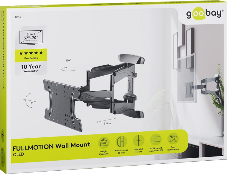 Goobay TV-väggfäste OLED FULLMOTION (L) speciellt för OLED-TV-apparater från 37 till 70 tum (94-178 cm), helt rörliga (vridbart och lutat) upp till 30 kg