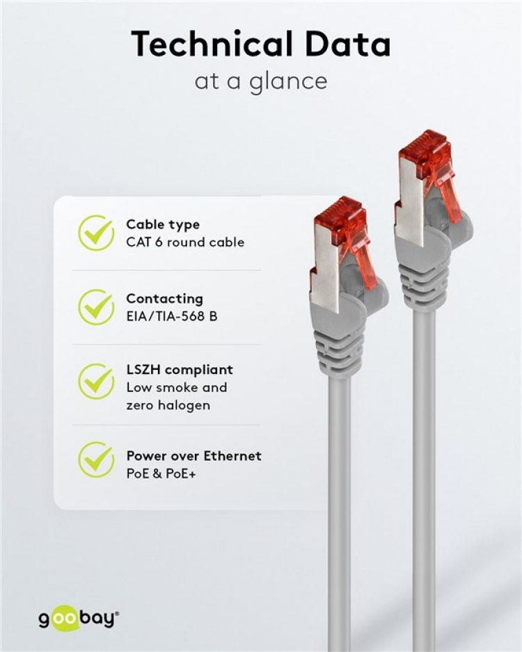 Goobay Patchkabel CAT 6, S/FTP (PiMF), grå, 2 m kopparledare (CU), halogenfri kabelhölje (LSZH) Goobay Patchkabel CAT 6, S/FTP (PiMF), grå, 2 m kopparledare (CU), halogenfri kabelhölje (LSZH)
