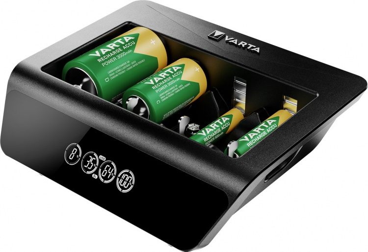 Varta LCD Universal Charger+ (typ 57688) laddar 1x 9 V-batteri eller upp till 4x AA-batterier, AAA-batterier, C- eller D-batterier (NiMH) samtidigt