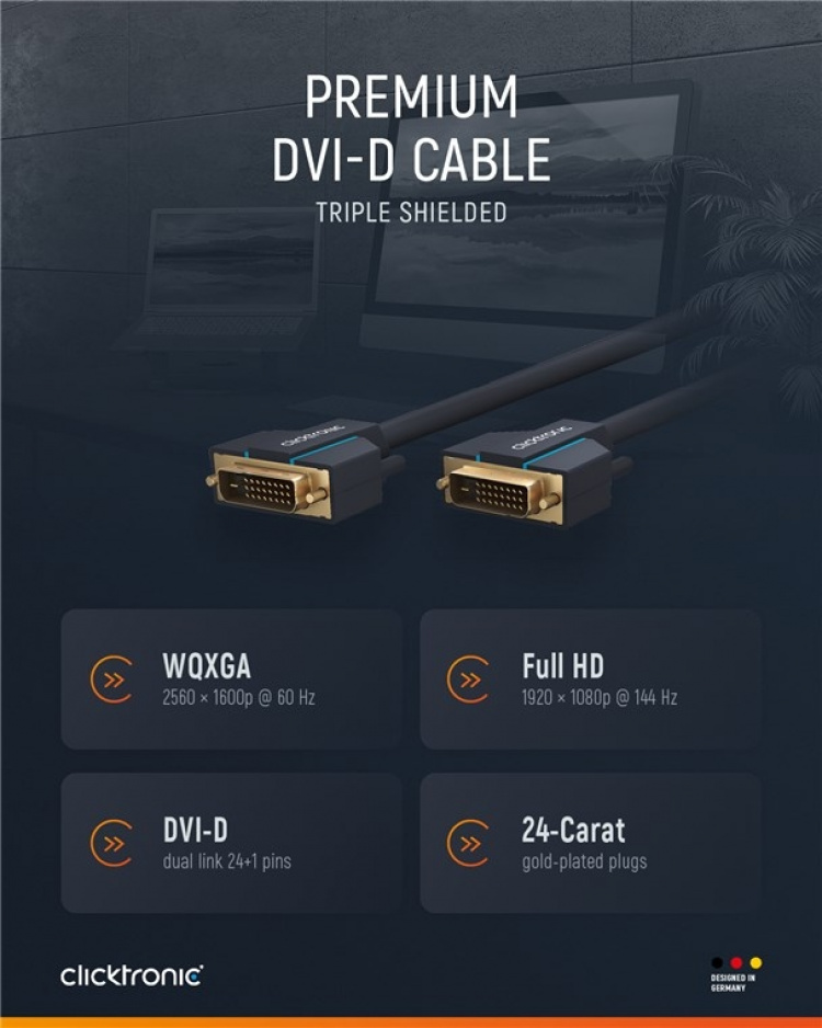 ClickTronic DVI-kabel Premiumkabel | 1x DVI-kontakt 1x DVI-kontakt | 2,0 m | WQXGA @ 60 Hz