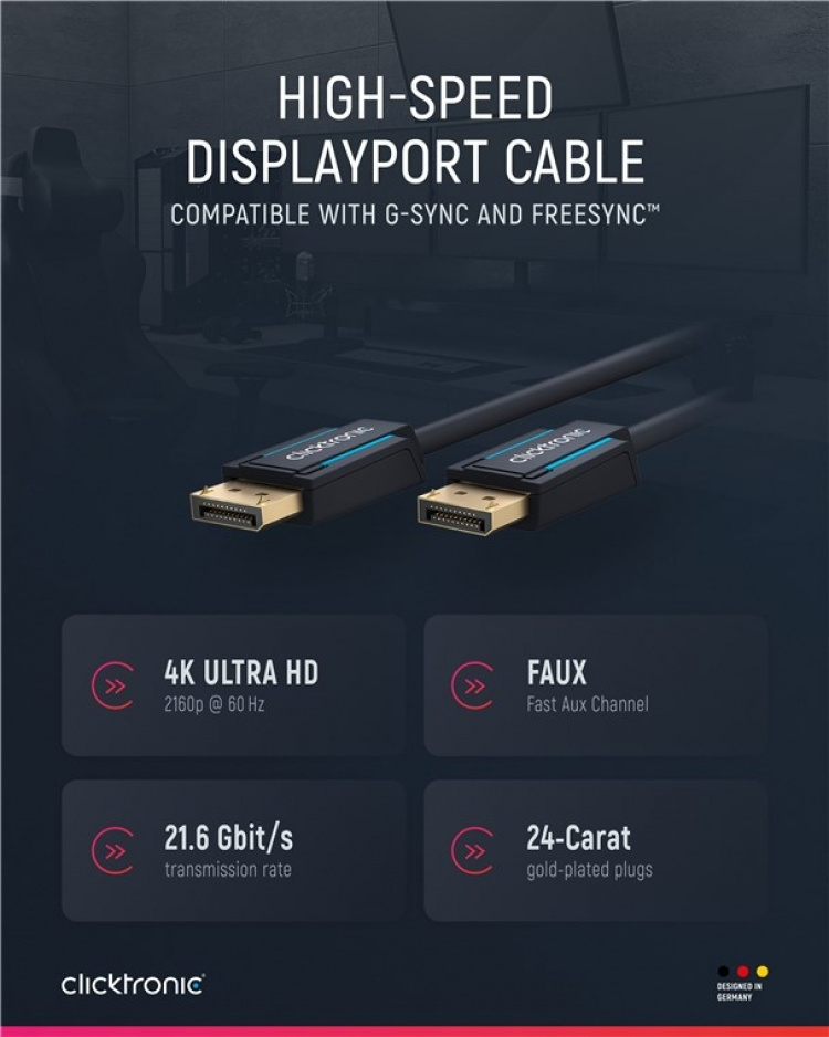 ClickTronic DisplayPort™-kabel Premiumkabel | 1x DisplayPort™-kontakt 1x DisplayPort™-kontakt | 1,0 m | UHD 4K @ 60 Hz