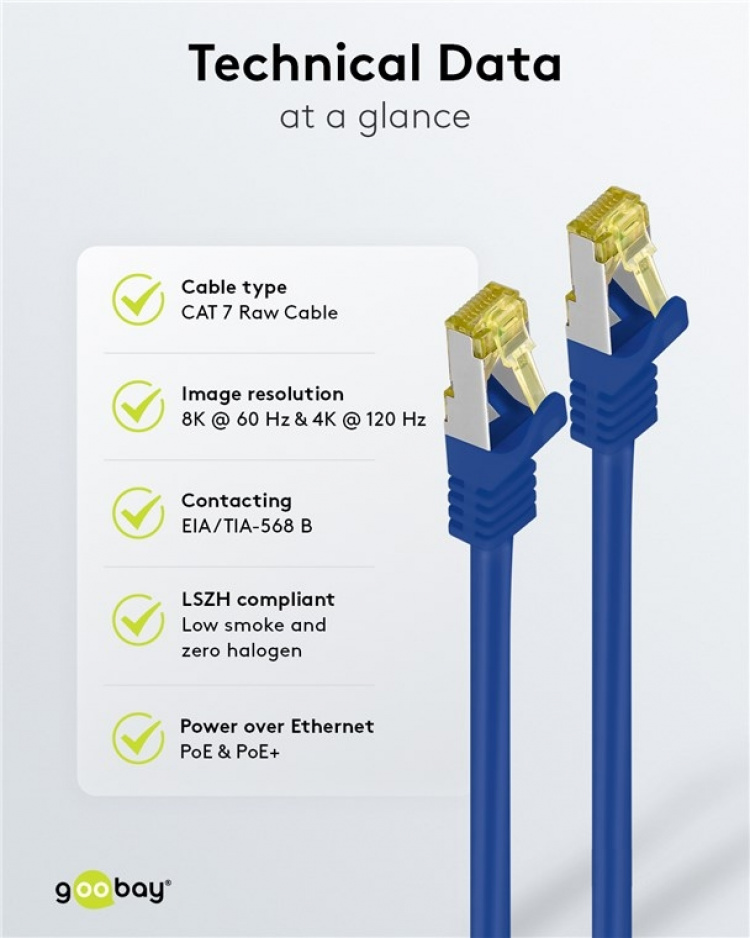 Goobay RJ45 patchkabel S/FTP (PiMF), 500 MHz, med CAT 7 råkabel, blå, 3 m LSZH halogenfri kabelhölje, koppar, RJ45-kontakt (CAT 6A)