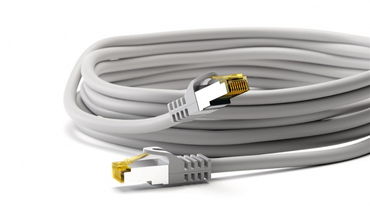 Goobay RJ45 patchkabel S/FTP (PiMF), 500 MHz, med CAT 7 råkabel, grå, 20 m LSZH halogenfri kabelhölje, koppar, RJ45-kontakt (CAT 6A)
