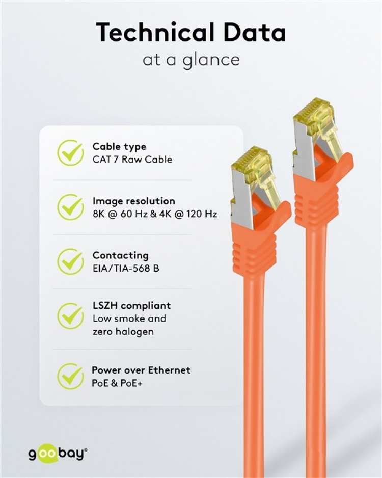 Goobay RJ45 patchkabel S/FTP (PiMF), 500 MHz, med CAT 7 råkabel, orange, 25 m LSZH halogenfri kabelhölje, koppar, RJ45-kontakt (CAT 6A)