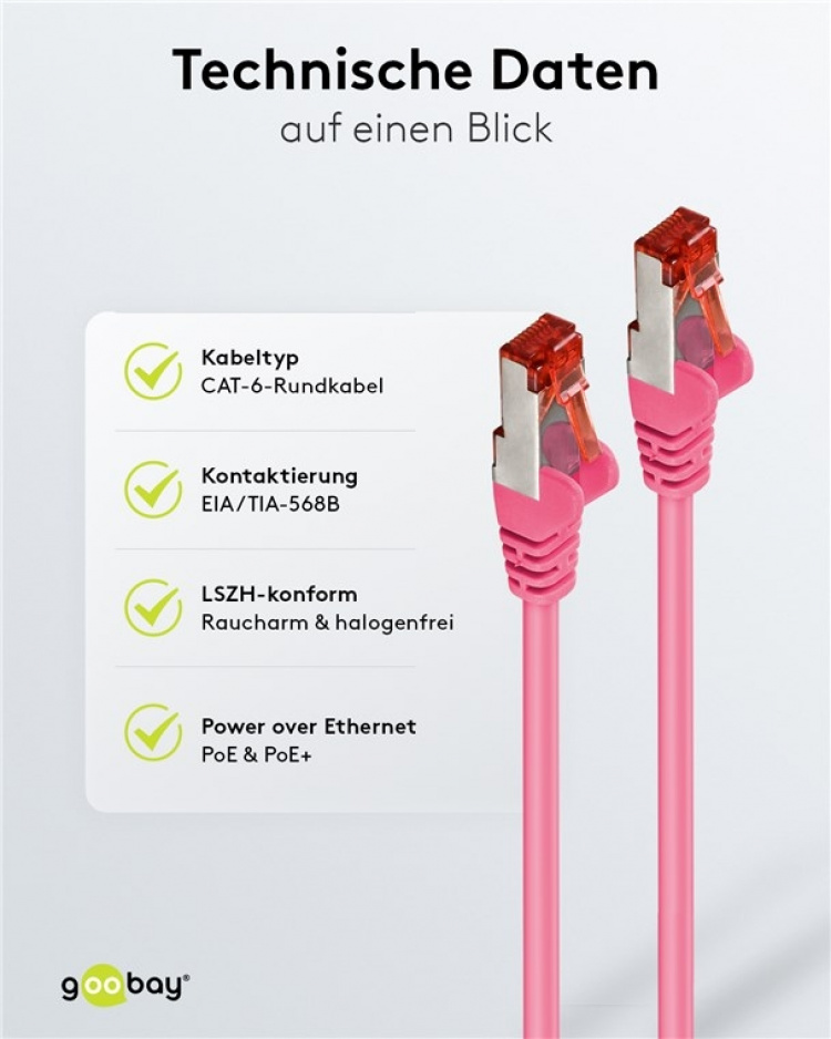 Goobay Patchkabel CAT 6, S/FTP (PiMF), magenta, 0,25 m kopparledare (CU), halogenfri kabelhölje (LSZH)