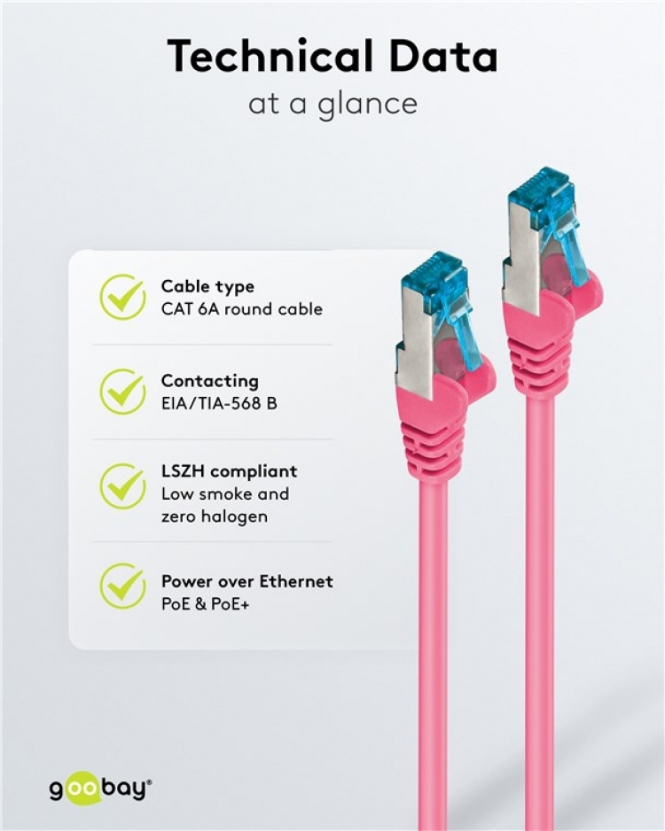 Goobay Patchkabel CAT 6A, S/FTP (PiMF), magenta, 1 m opparledare (CU), halogenfri kabelhölje (LSZH) Goobay Patchkabel CAT 6A, S/FTP (PiMF), magenta, 1 m opparledare (CU), halogenfri kabelhölje (LSZH)