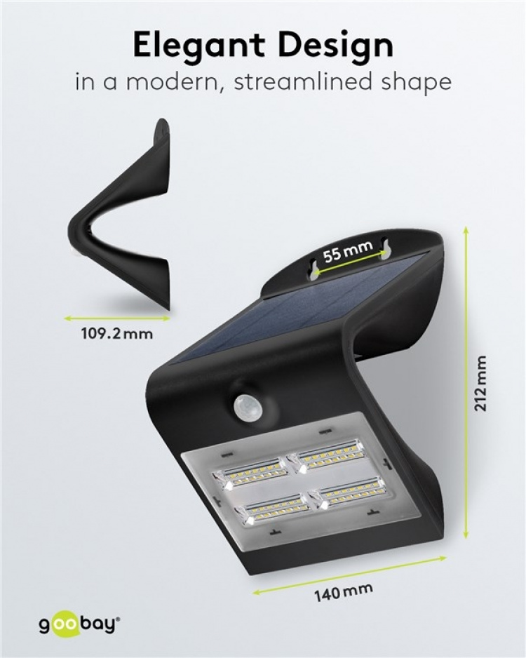 Goobay LED soldriven vägglampa med rörelsedetektor, 3.2 W belysning för husingångar, garageportar och trappor